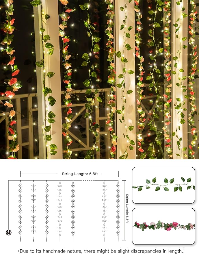 suddus 300 LED Artificial Flower Garland Pothos Vines Curtain Lights, Rose