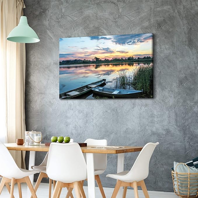ArtSquare Lake Sunset Canvas Wall Art: Large Forest Landscape Scenery Prints Nature Green Water Reed Painting Wilderness Boat Shore Gallery Artwork Sunrise Skyline Scene Picture for Living Room