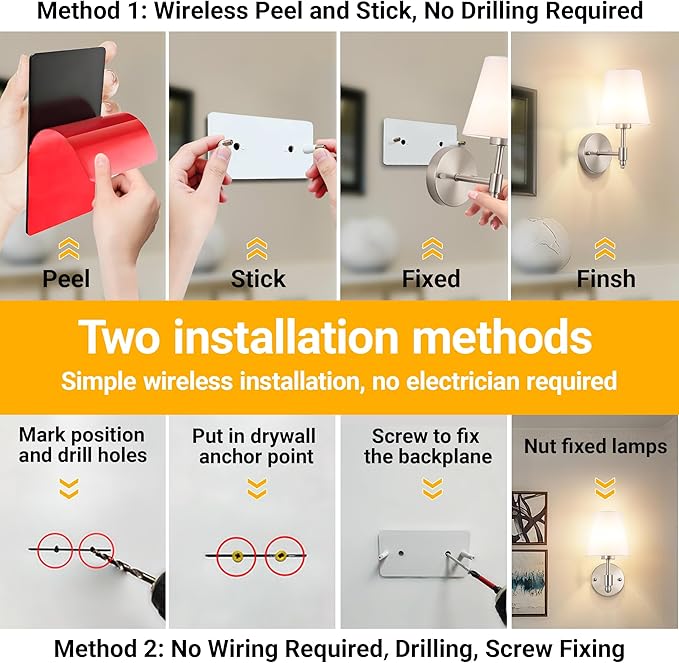 Vimhou Peel and Stick Wall Sconces, Stick On Wall Sconce Set of 2, Battery