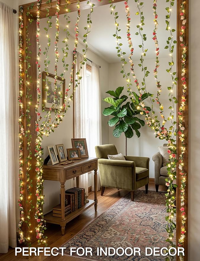 suddus 300 LED Artificial Flower Garland Pothos Vines Curtain Lights, Rose