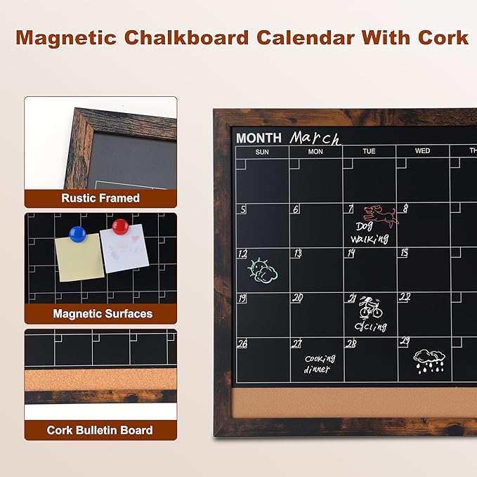 Chalkboard Calendar for Wall, Small Rustic Framed Magnetic Chalkboard & Cork