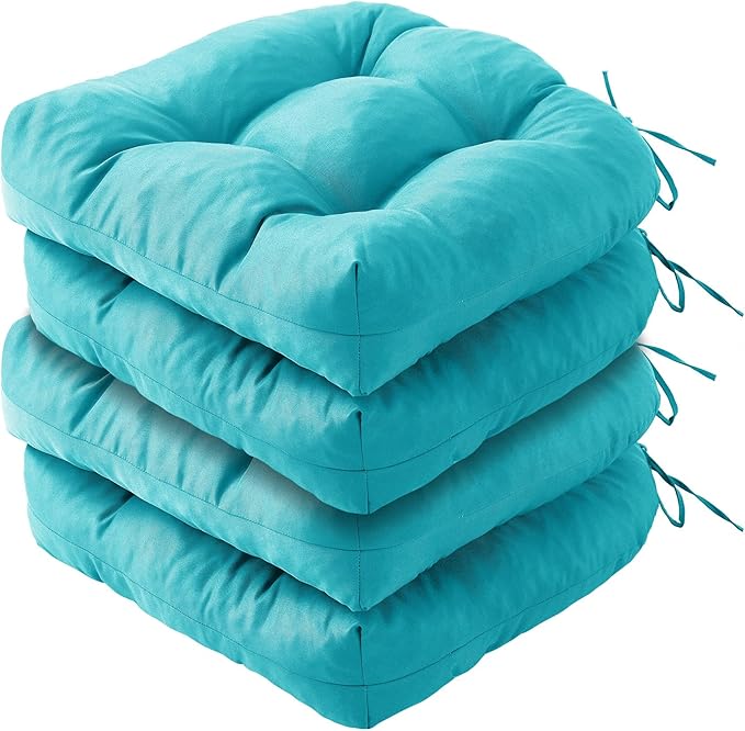 IPYNBAP Outdoor Chair Cushions Set of 4, Patio Chair Cushions with Ties, 19x19+5â Tufted Outdoor Seat Cushions, Waterproof Patio Furniture Cushions, Outdoor Dining Chair Pads, Teal