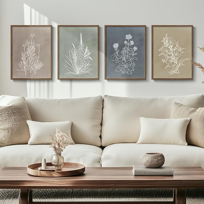Framed Boho Botanical Wall Art for Living Room, 4 Piece Rustic Floral Canvas