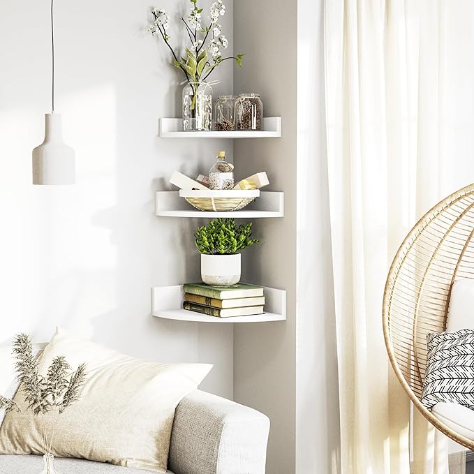 Alsonerbay White Corner Shelf Wall Mount, Rustic Wood Shelves