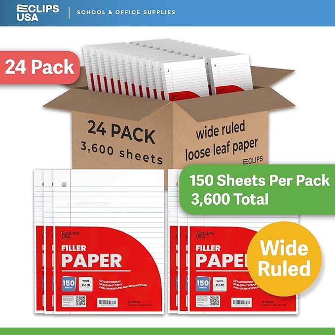 Wide Ruled Loose Leaf Paper Wide Ruled Notebook Paper Lined Writing Filler Paper 10.5” x 8” 56 gsm 3600 Sheets 150 Sheet Per Pack (24 Pack)