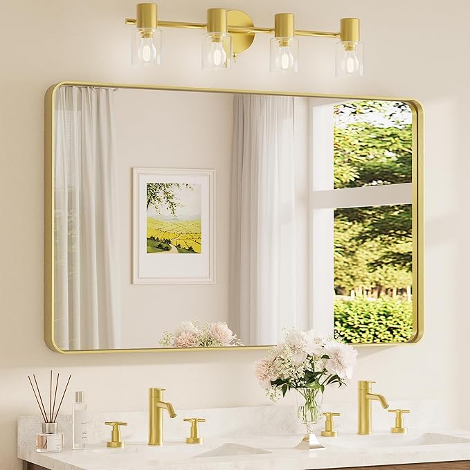 TETOTE 48 x 30 Inch Bathroom Mirror, Brushed Gold Metal Framed Wall Mounted