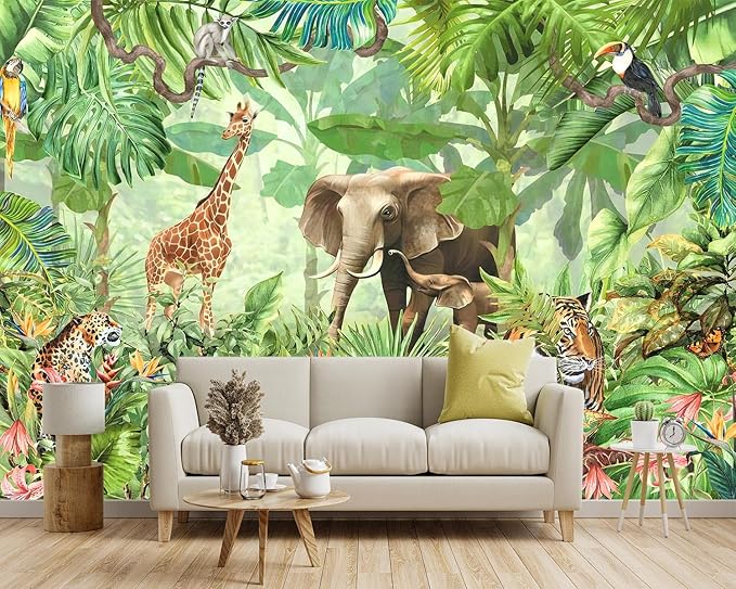 -Green Rainforest Plants Animals Tiger Cloth Wallpaper Jungle Plants Banana