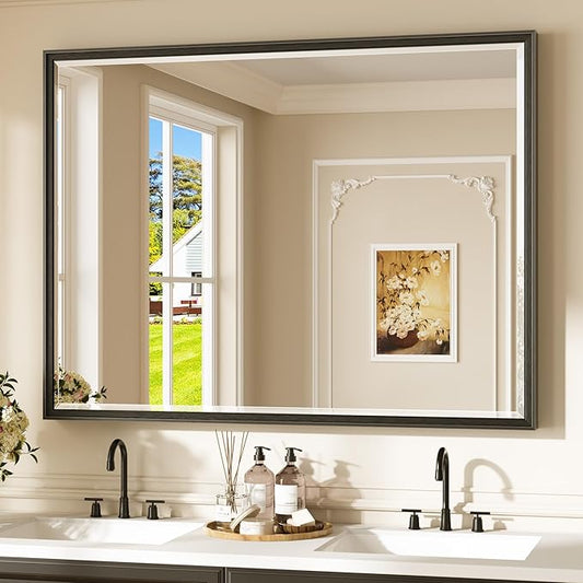 Keonjinn 48" x 36" Large Black Bathroom Mirror, Aluminum Alloy Frame Rustproof