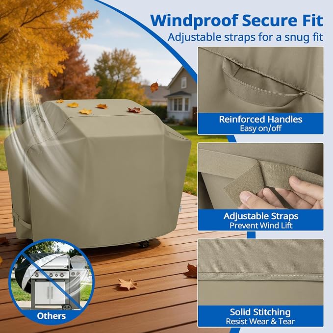 SunPatio BBQ Grill Cover for Outdoor Grill 65 Inch, Heavy Duty Waterproof Barbecue Cover with Sealed Seam, FadeStop All Weather Protection Compatible for Weber CharBroil Nexgrill and More, Taupe