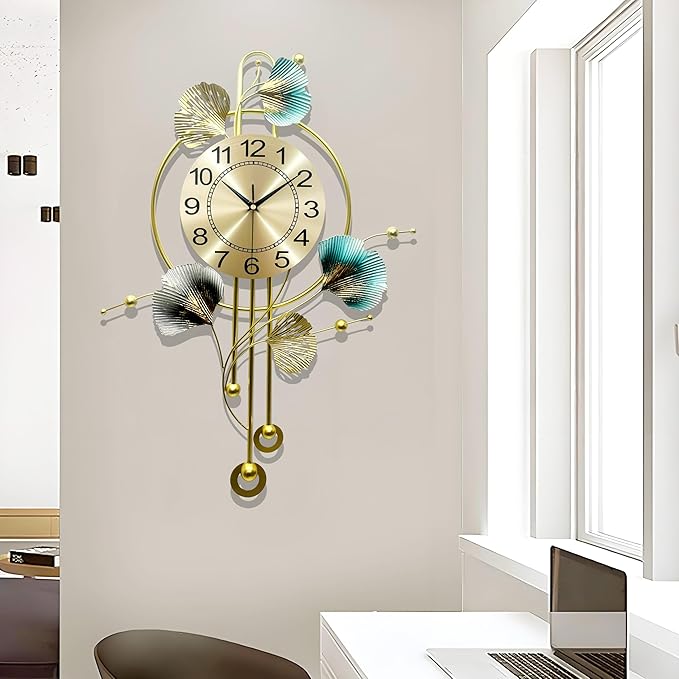 Wall Clocks for Living Room Decor, Unique 3D Metal Iron Ginkgo Leaf Wall Art