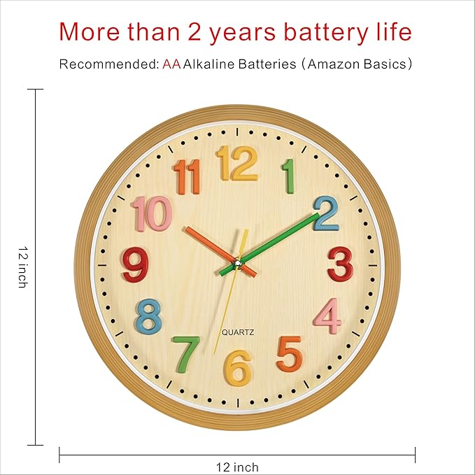 Foxtop Silent Kids Wall Clock Non-Ticking Battery Operated Colorful Childrens