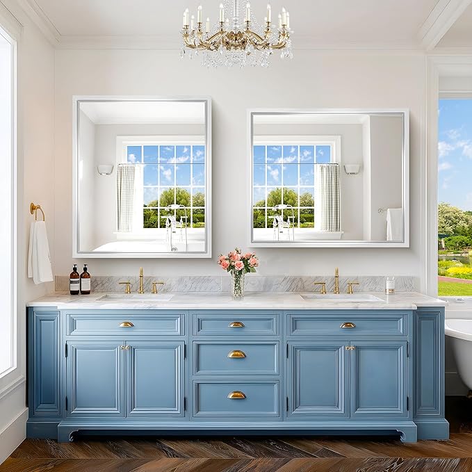 Silver Bathroom Mirror, 42 x 36 Inch Brushed Silver Rectangle Mirror