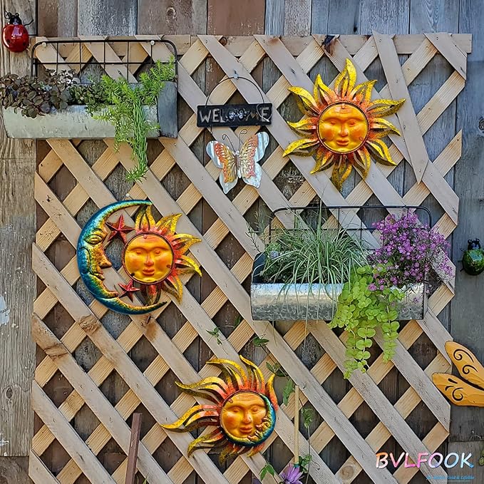 Home Wall Decor Living Room of Glass Sunface, Home Decor Wall Hanging Decor Metal Wall Art, Wall Decorations Boho Wall Decor, Garden Decor Farmhouse Decor Outdoor Decor for Patio, 3 Sets 9 inch Large