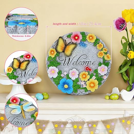 2 Pack Garden Stepping Stones Outdoor 10 Inch Round Cement Stepping Stones with Hand-Painted Flowers, Butterfly & Dragonfly, Decorative Pavers for Outside Walkway Patio Yard
