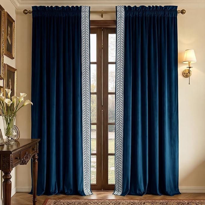 NICETOWN Rod Pocket Embroidered Trim Velvet Curtains, 2 Panels, Velvet Curtains