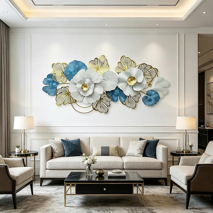 Roivikis Large Metal Wall Art for Living Room, Extra Large Metal Wall Decor, 3D Lotus Abstract Flower Modern Leaves Wall Decoration, for Indoor Outdoor Bedroom, Entryway