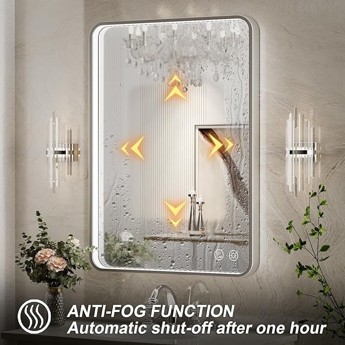 28x36 Inch LED Mirror for Bathroom, Brushed Sliver Metal Frame Lighted Vanity