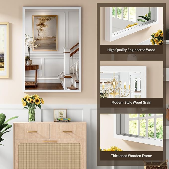 Syndra White Wood Frame Bathroom Mirror, Waterproof Slim Deep Frame,