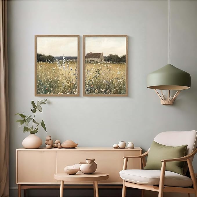 Two Framed Canvas Vintage Wildflower Wall Decor Country House and Wildflower Print Natural Botanical Landscape Wall Decor for Farmhouse Living Room or Bedroom 12x16 Inch