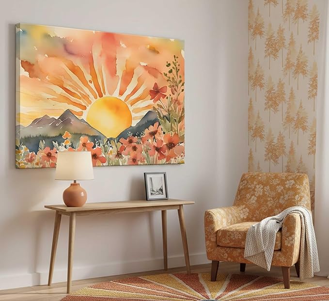 Boho Sun Canvas Wall art Mid-Century Modern Abstract Bohemian Sunset in The