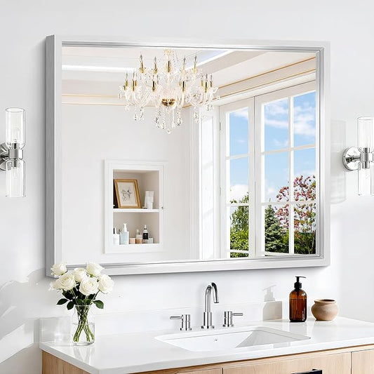 36x30 Silver Bathroom Mirror, Brushed Silver Rectangular Mirror