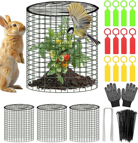 Plant Protector from Animals with Detachable Covers - 4 Pack 16âx 16" Wire Cage Cloches with Ground Stakes and Tools for Protecting Vegetable, Flower, Seedling