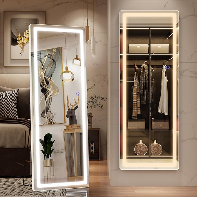 FENNIO Full Length Mirror with Lights, Free Standing Lighted Floor Mirror