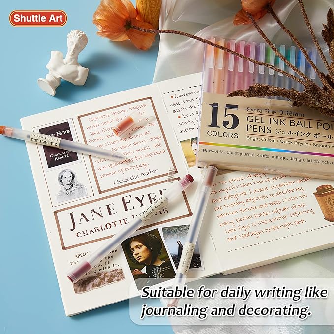 Shuttle Art Gel Ink Ball Point Pens, 15 Colors Japanese Style Pens, 0.38mm Extra-Fine Ballpoint Pens for Home, School and Office