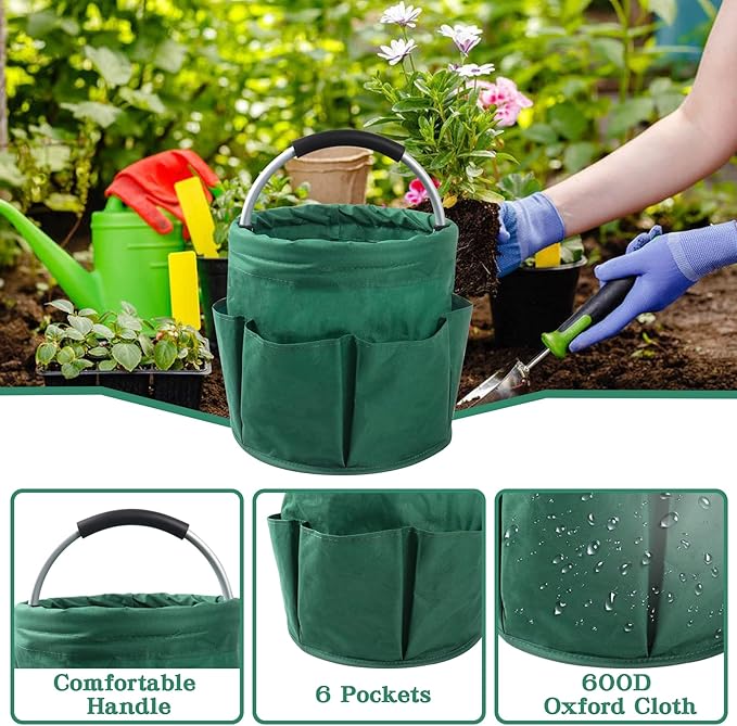 Klmnop Garden Tool Bag, Foldable Gardening Bags for Tools, Garden Tool Organizer with 6 Pockets, Garden Tote Bag for Indoor and Outdoor Use(Green)