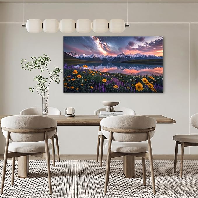 JLXART Wall Art Yellow Sunflower Field Canvas Mountain Artwork Landscape Print for Living Room Framed 20x40inch