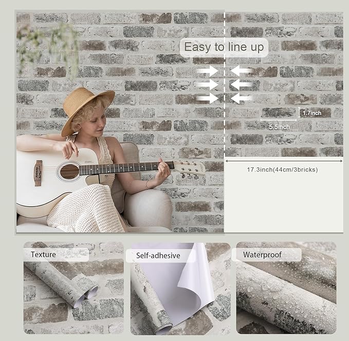 Guvana 17.3"×118" Brick Peel and Stick Wallpaper Brick Wallpaper Grey Brown 3D