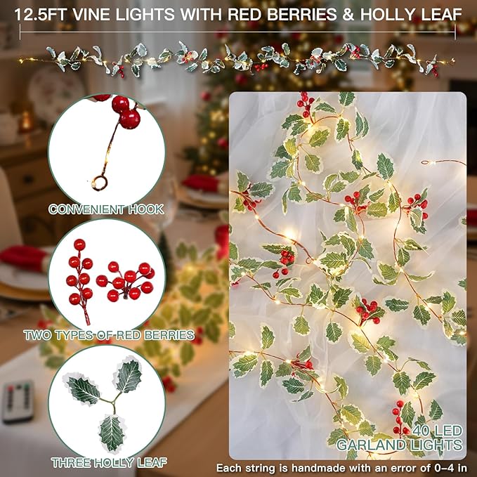 suddus 40 LED Christmas Fairy Lights Battery Powered, 12.5ft Vine String Lights
