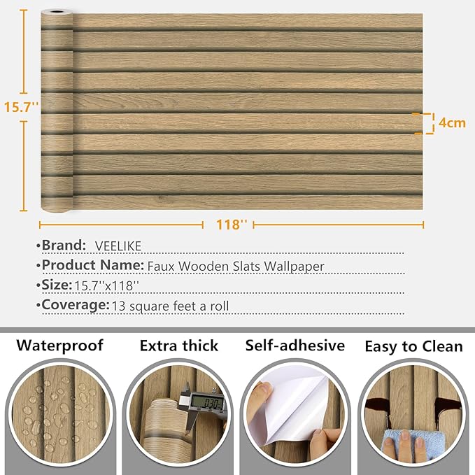VEELIKE Slat Wood Contact Paper Wood Peel and Stick Wallpaper
