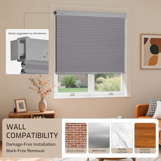 Grandekor No Drill No Tools Cordless Cellular Shades, 29.5" W x 64" H, UV