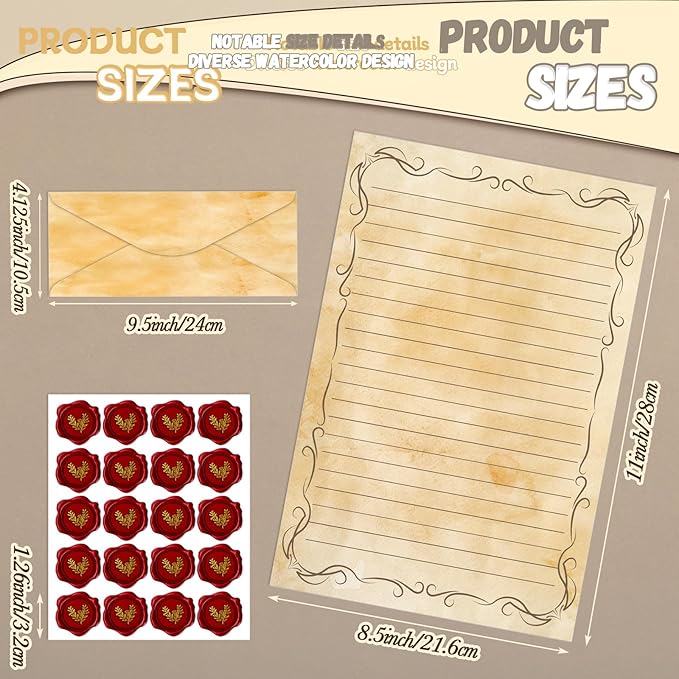 TaoBary 160 Pcs Stationery Paper Set 50 Double Sided Stationery Papers with 50 Matching Envelopes and 60 Round Dot Sticker, 10 Design(Light Vintage,8.5 x 11 Inch)