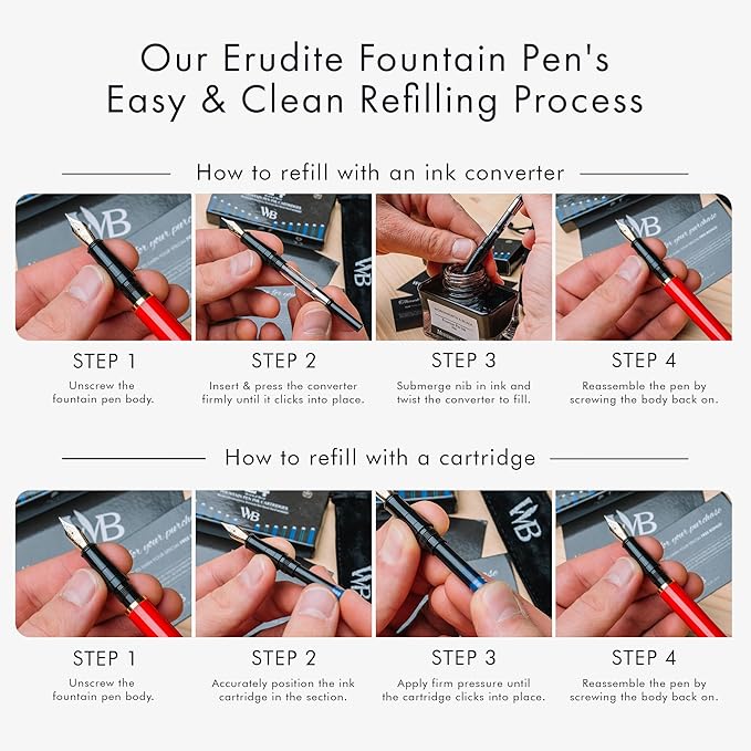 Wordsworth & Black Fountain Pen Set, 18K Gilded Medium Nib, Includes 24 Pack Ink Cartridges, Ink Refill Converter & Gift Pouch, Gold Finish, Calligraphy, [Crimson Red], Perfect for Men & Women