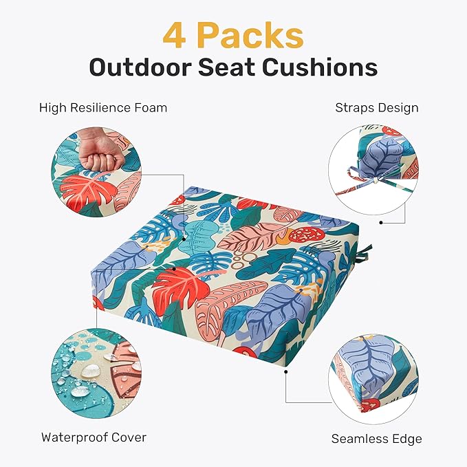 UNIKOME Outdoor Chair Cushions Pack of 4, Water Resistant Patio Cushions with Ties, High Density Sponge Filling Square Corner Seat Cushions for Outdoor Furniture, 24"*24"*4", Palm Tropical