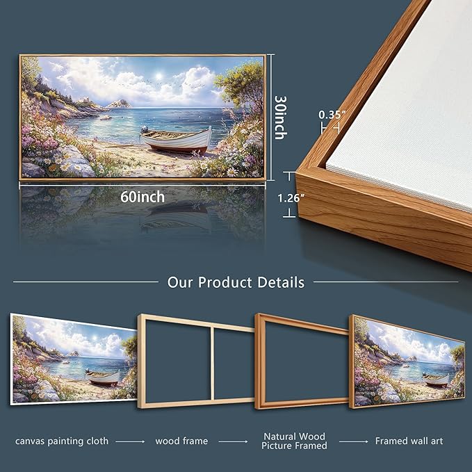 Wood Farmed Canvas Wall Art For Living Room Large Wall Decor For Office Bedroom Decorations The Sea Boat Landscape Pictures Farmhouse Painting Artwork Room Wall Mural Aesthetic Home Decor 30x60 In