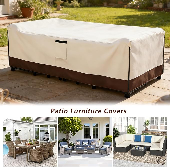 Patio Furniture Covers Waterproof,600D Heavy Duty Patio Cover for 6/7/8 PCS Sets Sectional Sofa Couch Dining Rocking Swivel Chairs Ottomans Coffee Table,110L x 84W x 28H inch Beige & Brown
