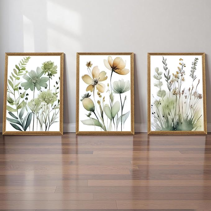 SYWENNOI 3 Pieces Wood Framed Green Botanical Canvas Wall Art, Boho Floral