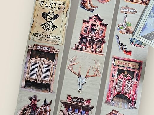 Wild West Transparent Vintage Washi Tape 5x5 cm x 100 cm – Decorative Scrapbooking Craft Adhesive Roll, Western Cowboy Art, Rustic Frontier Illustration for Journals, Planners, Cards & DIY Projects
