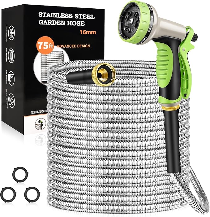 GOXAWEE Garden Hose 75FT, Stainless Steel Heavy Duty Water Hose With 10 Function Nozzle, No-Kink, Tough & Flexible, Sturdy and Lightweight, Rust Proof for Yard, Outdoor, RV