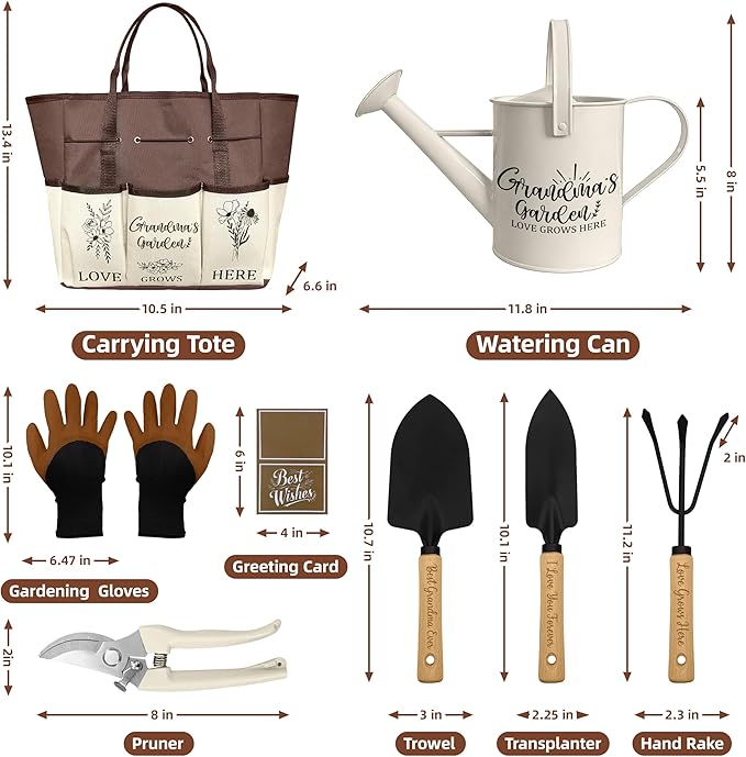 Grandma Gifts, Mothers Day Garden Kit Gifts for Grandma from Grandkids Gardening Tools and Durable Garden Tools Organizer Tote, Ideal Gardening Set for Women on Plant Lover Birthday Present Brown