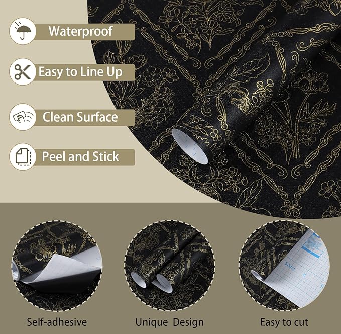 Toduso Peel and Stick Wallpaper Vintage Wall Paper Boho Contact Paper Black and