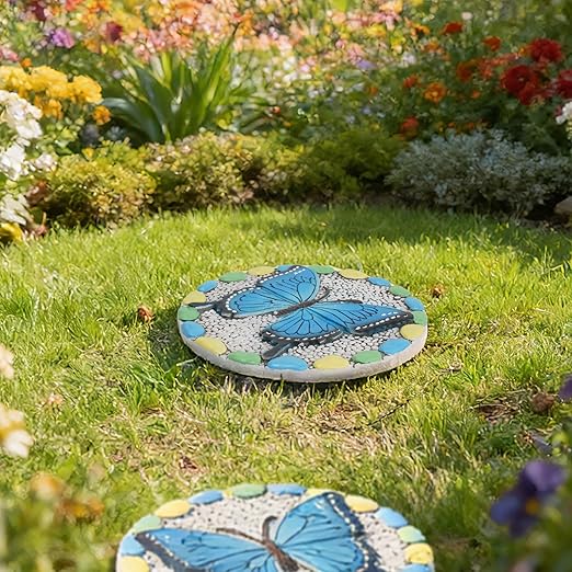 Decorative Butterfly Garden Stepping Stone - Round 10-Inch Concrete, Multi-Colored with Blue Design, Pebble Background for Outdoor Pathways Cynkeyee