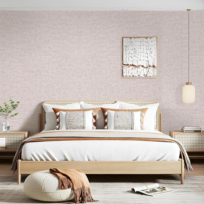 Beige Grasscloth Peel and Stick Wallpaper, Modern Textured Fabric Linen Vinyl