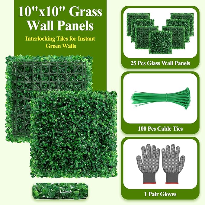 25Pcs Artificial Grass Wall Panels 10" X 10" Greenery Backdrop UV-Protected