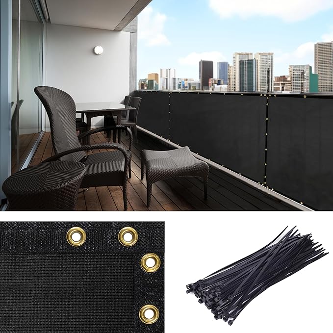Amgo Custom Made 3' x 168' Black Balcony Privacy Screen, Apartment Porch Railing Patio Fence Windscreen Fabric Cloth, Heavy Duty, Commercial and Residential, 90% Blockage (We Customize)