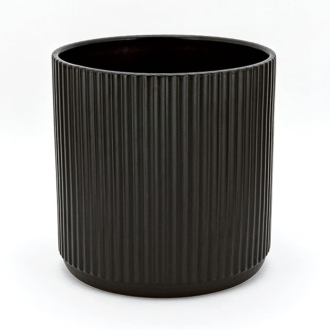 Amazon Basics Fluted Ceramic Round Planter, 10-Inch, Black