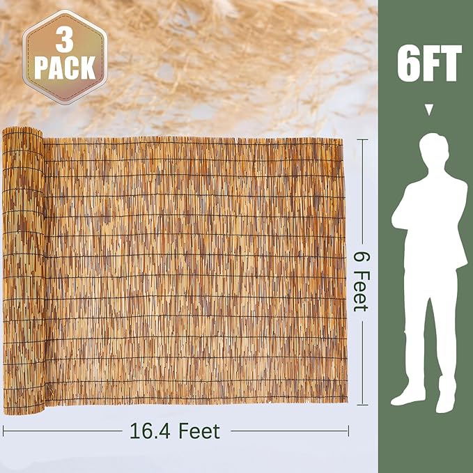 Barydat 3 Pcs 6 x 16.4 ft Reed Fence Roll, 85% Shade Bamboo Privacy Screen